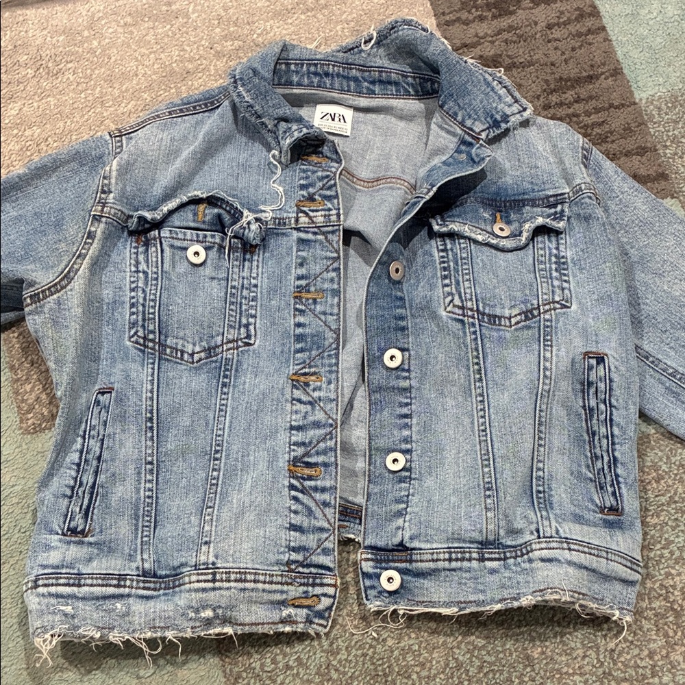 Zara Light Blue Distressed Denim Jean Jacket